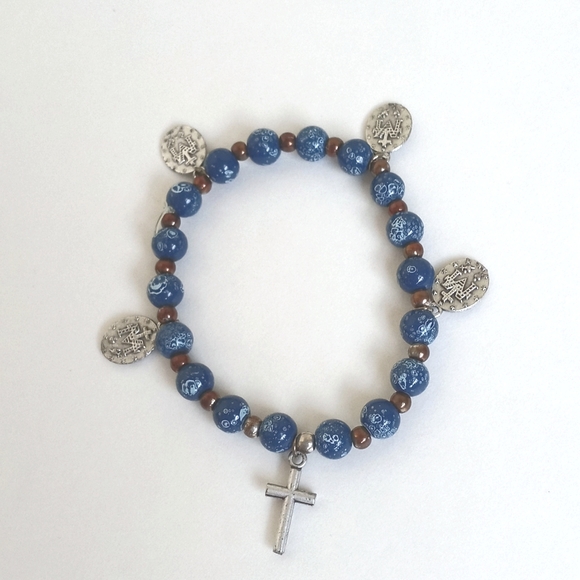 *Relisted* Blue Copper Beaded Rosary Bracelet  Mary Madeline Pendants & Cross - Picture 2 of 8